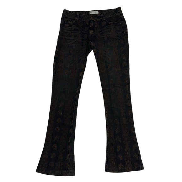 Free People Black Bronze Batik Flare Leg Boot Cut Denim Low Rise Jeans Boho 26 - Picture 1 of 10